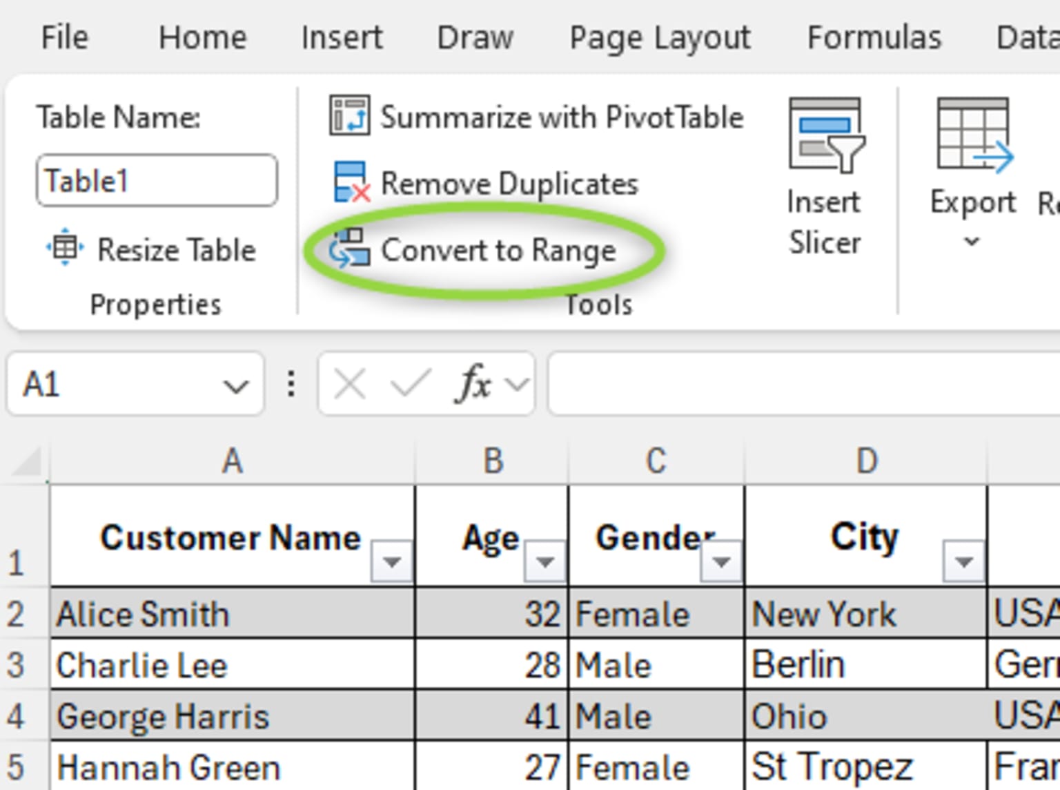 Selecting Convert to Range in the Tools menu to convert a table to a regular range of data on the worksheet