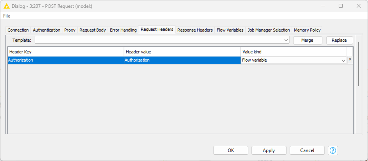 Provide the access token in the request headers of the POST Request node. 