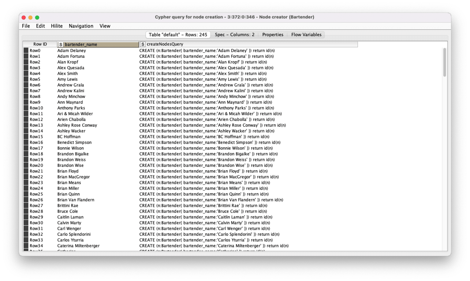 Node creator output