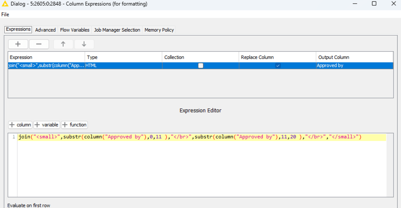 column expressions node settings
