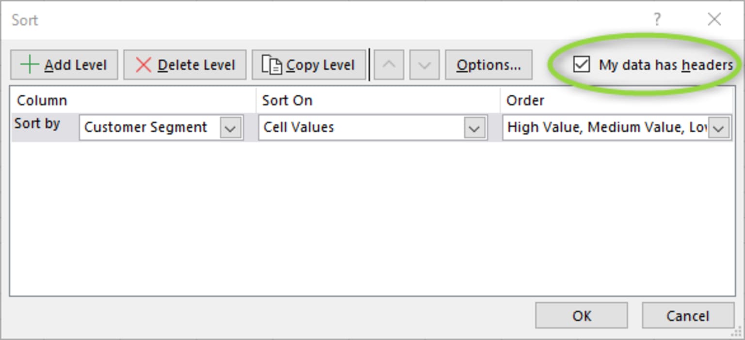 Telling Excel that my data has headers to ensure headers don’t get mixed up in my sort operations