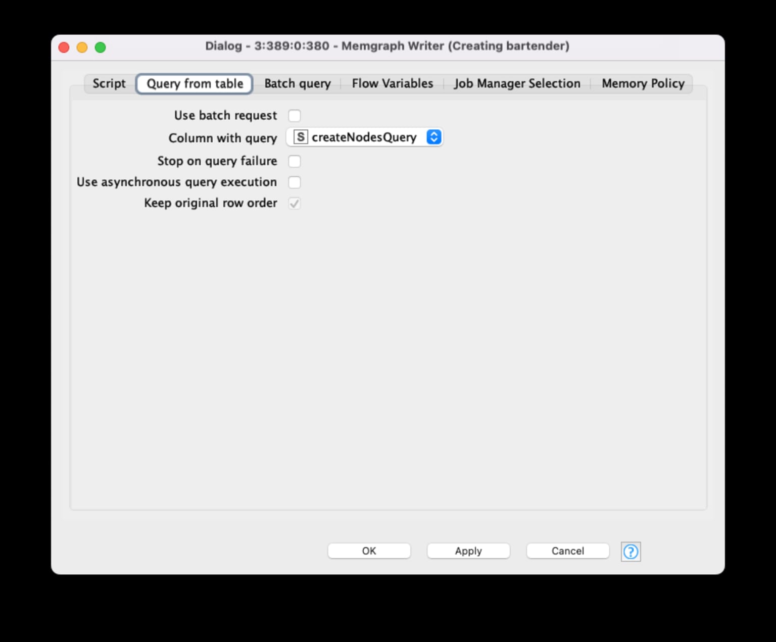 A query in the Table Mode of the Memgraph Writer node