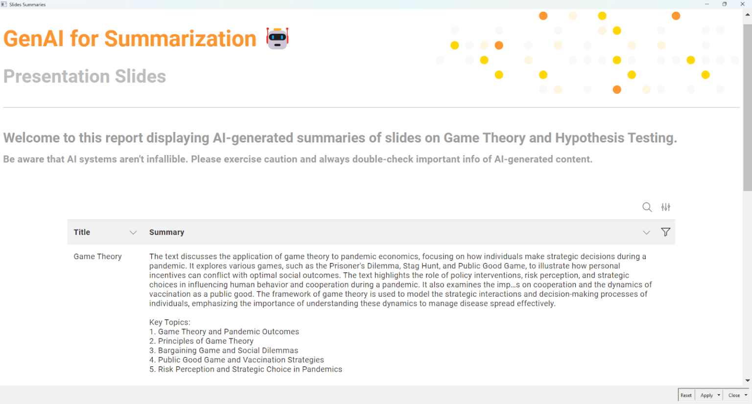 The created report contains the title of the presentation, a summary of its content, and five key topics extracted from the slides. 