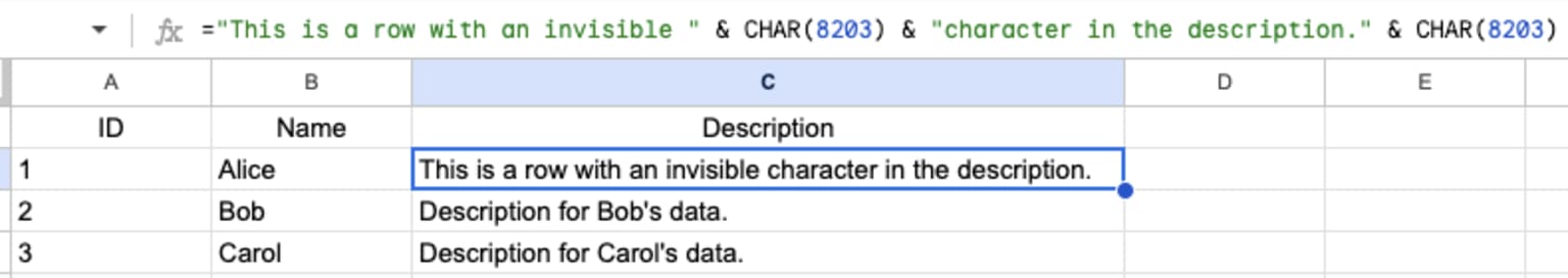 A dataset in Excel