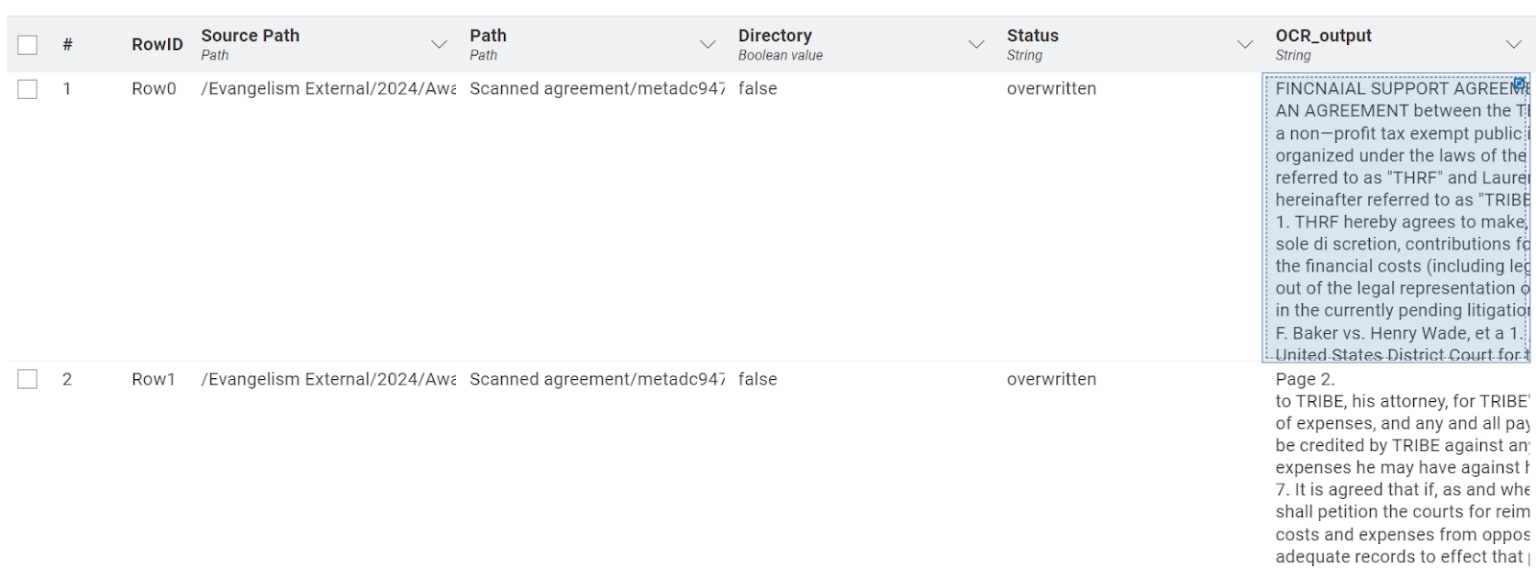 This part of the workflow prepares the extracted text for summarization, adds a role identifier column, connects to the local LLM, and filters the dataset to retain only the generated summary of the financial agreement.