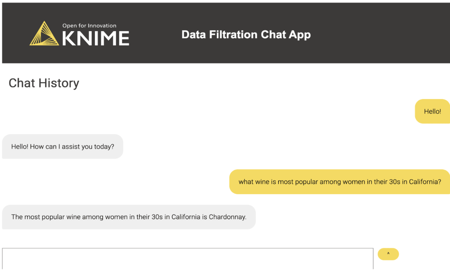 The Data Filtration Chat App Interface with an example conversation. 