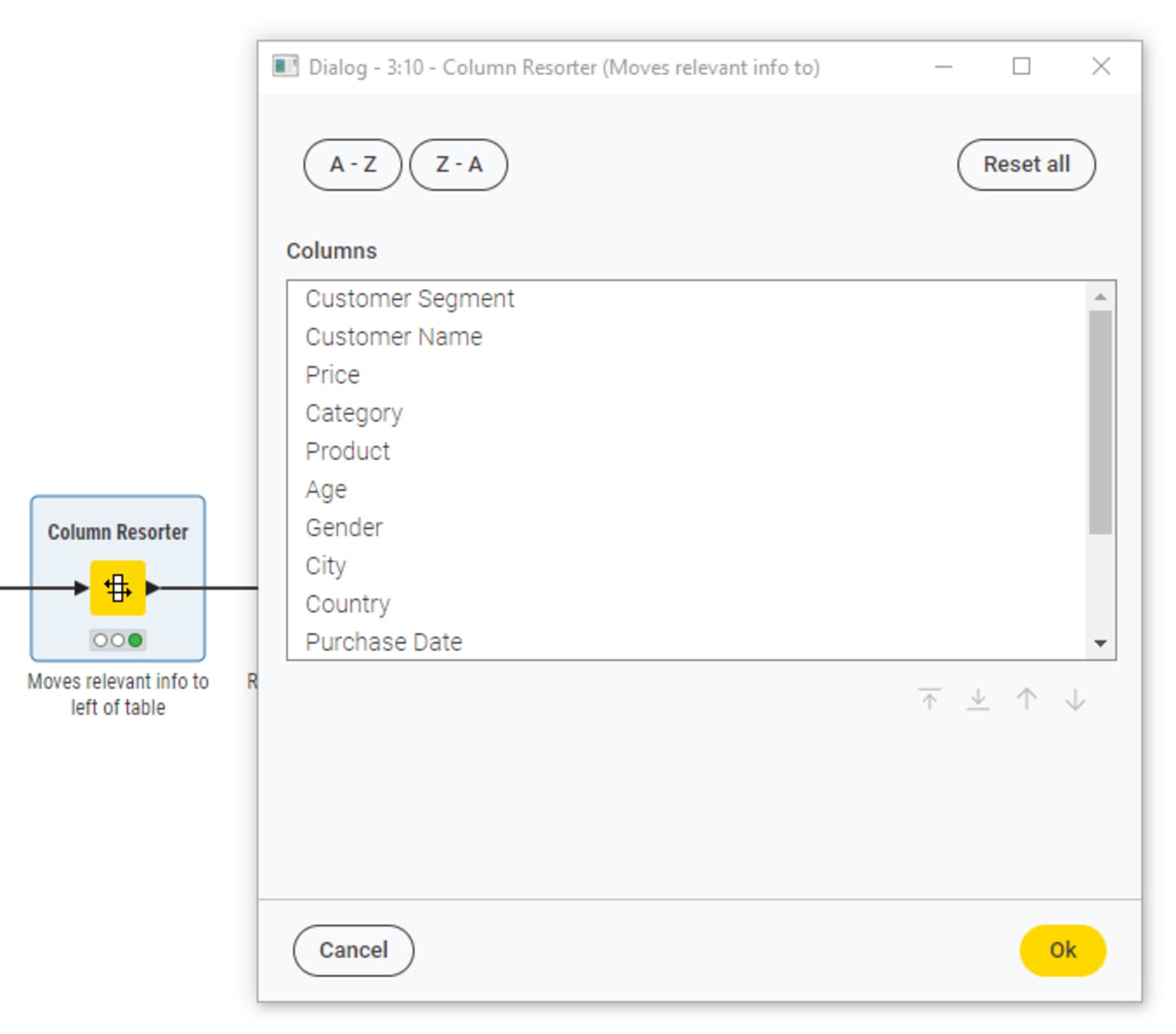 Using the Column Resorter node to reorder columns to a specific sequence