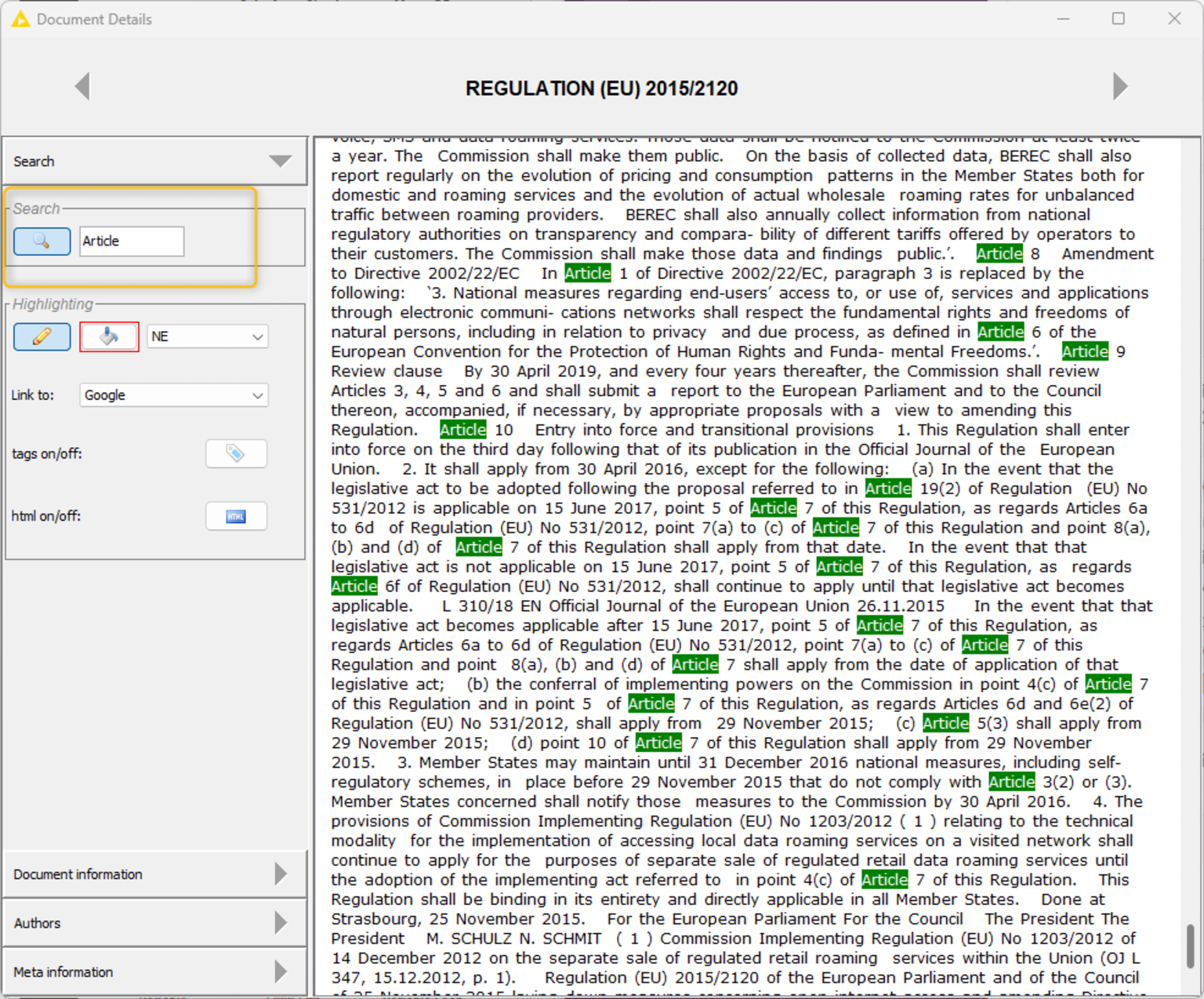 Viewing the EU Regulation 2015/2120 on roaming on public mobile communication networks and searching a specific term with the Document Viewer node.