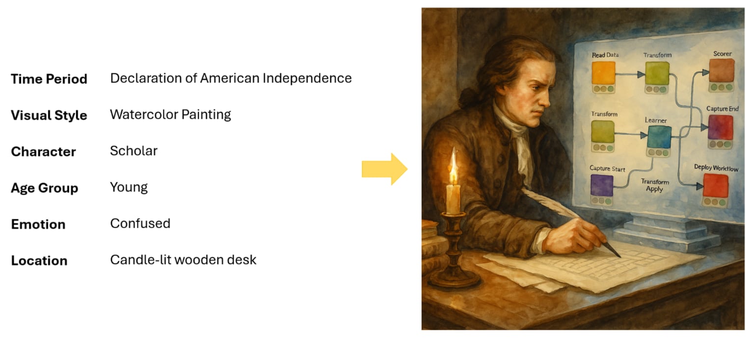 Let’s write this declaration of independence. Watercolor scene of a confused young scholar studying a KNIME workflow by candlelight in colonial America.