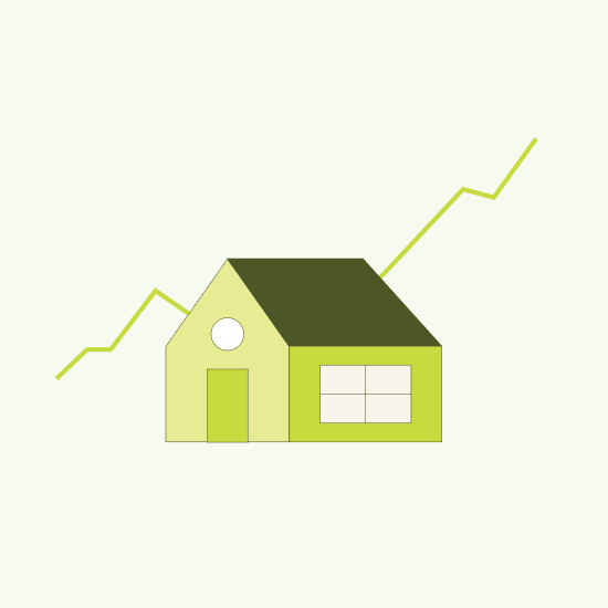 A house with a line chart behind it.