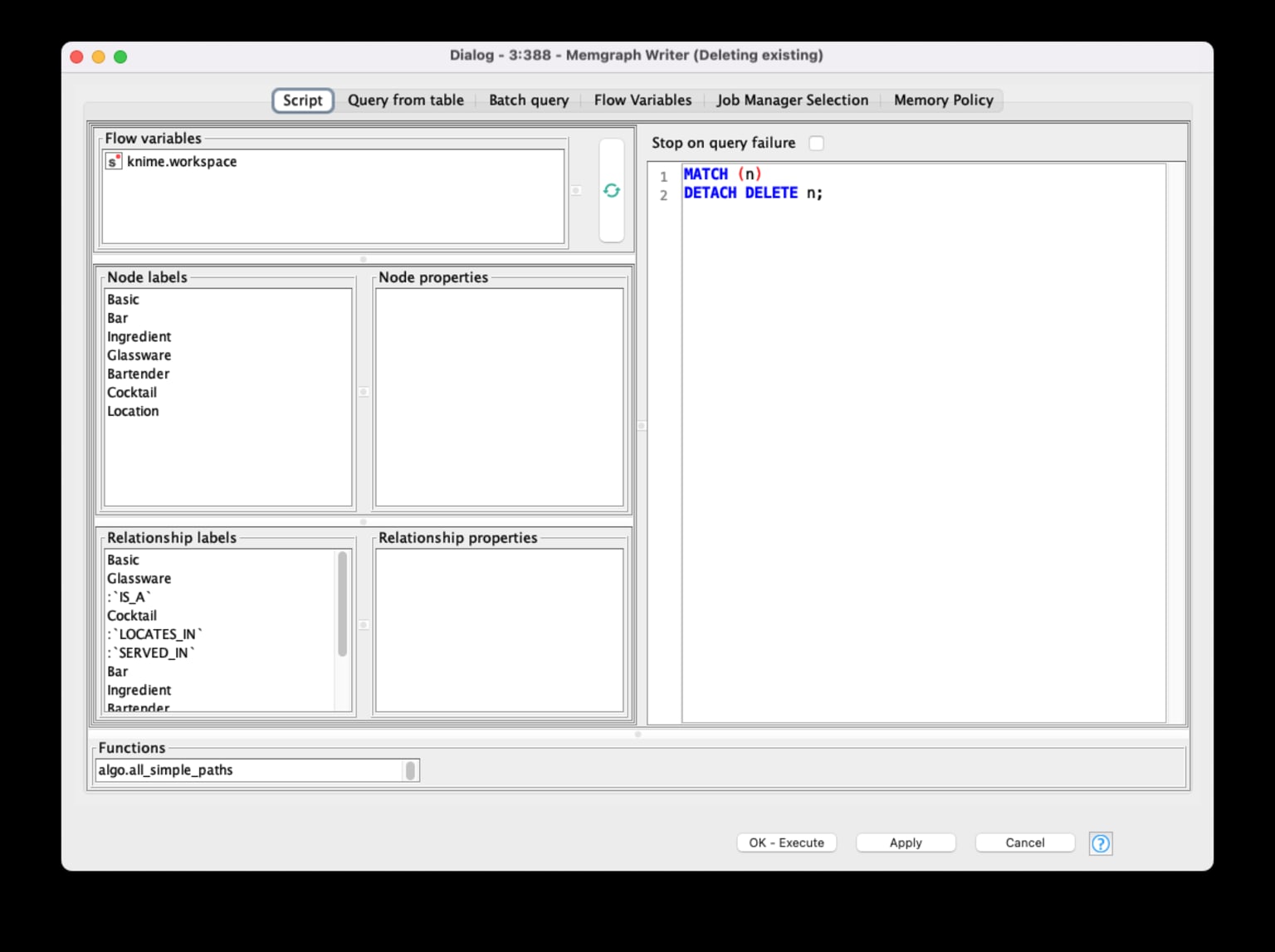 The Script Mode settings in the Memgraph Writer node