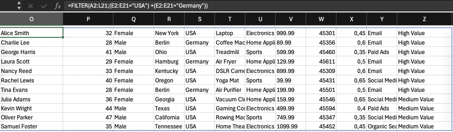 Excel spreadsheet with data
