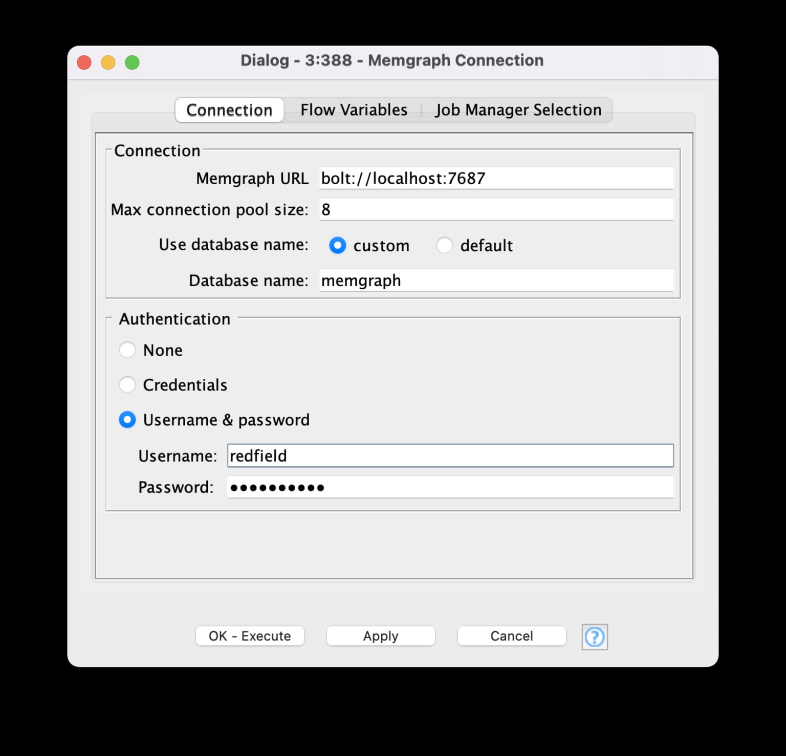 The configuration dialog for the Memgraph Connection node