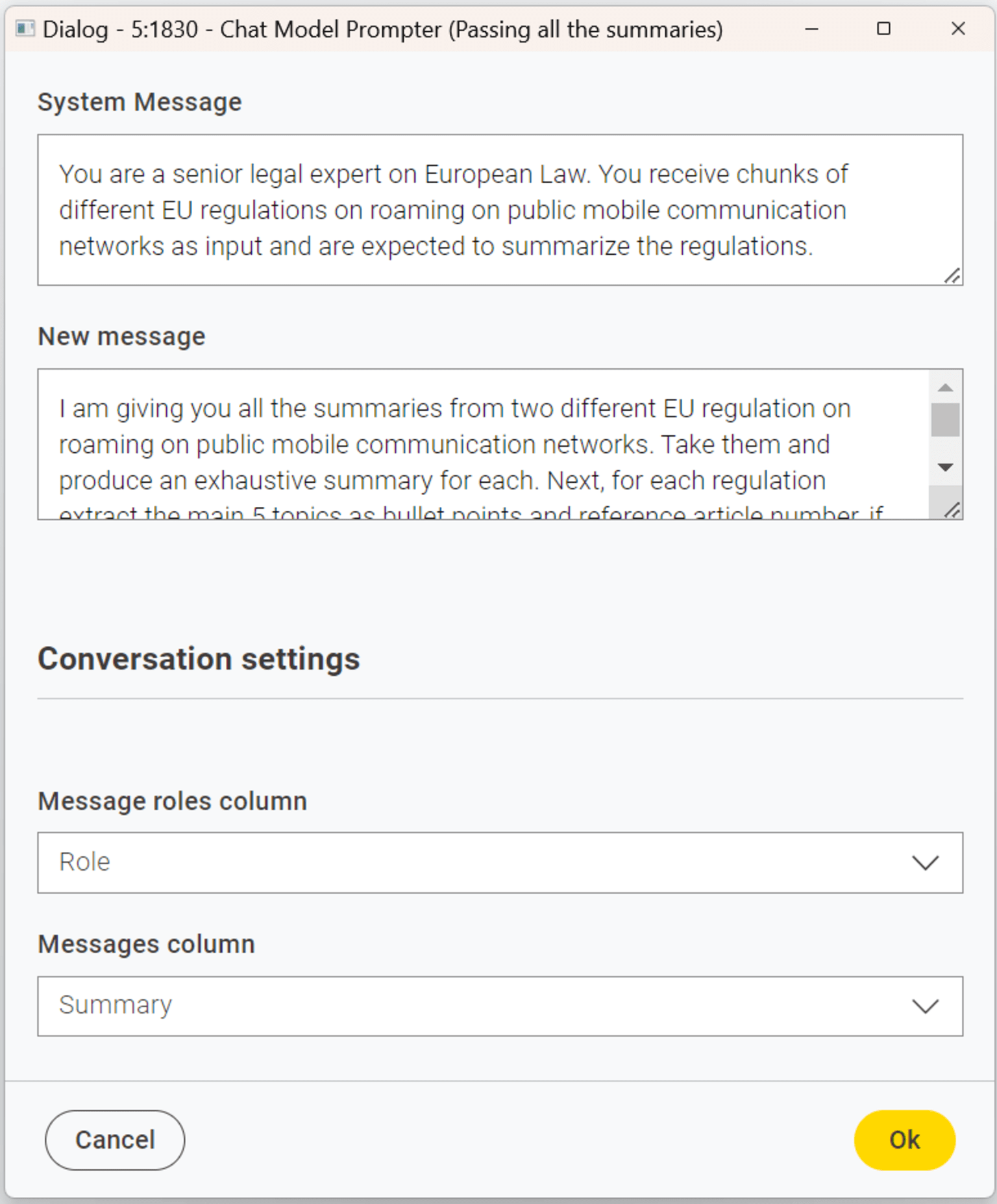 The configuration window of the Chat Model Prompter node.