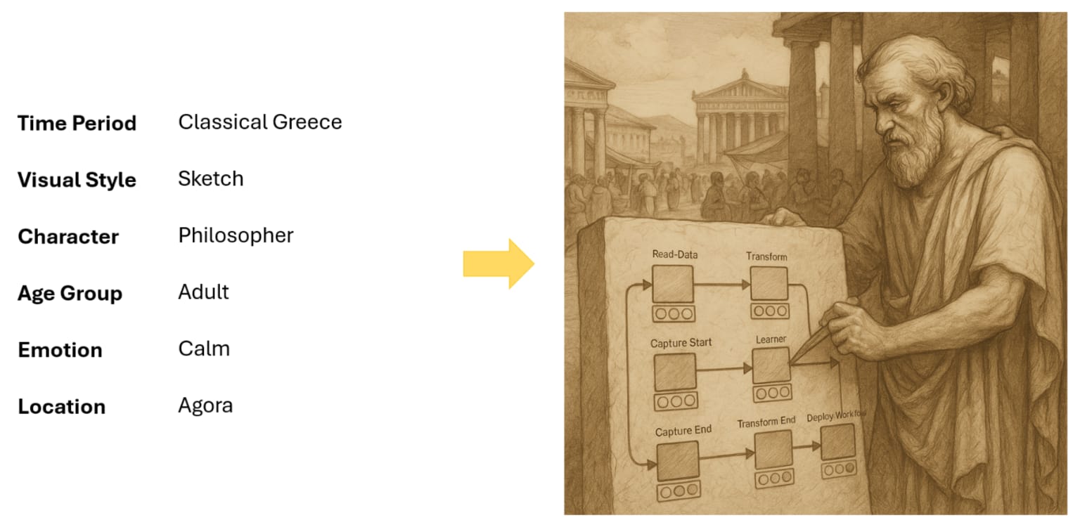 The idea of a workflow? Sketch-style scene of a calm adult philosopher analyzing a KNIME workflow in the agora of Classical Greece.