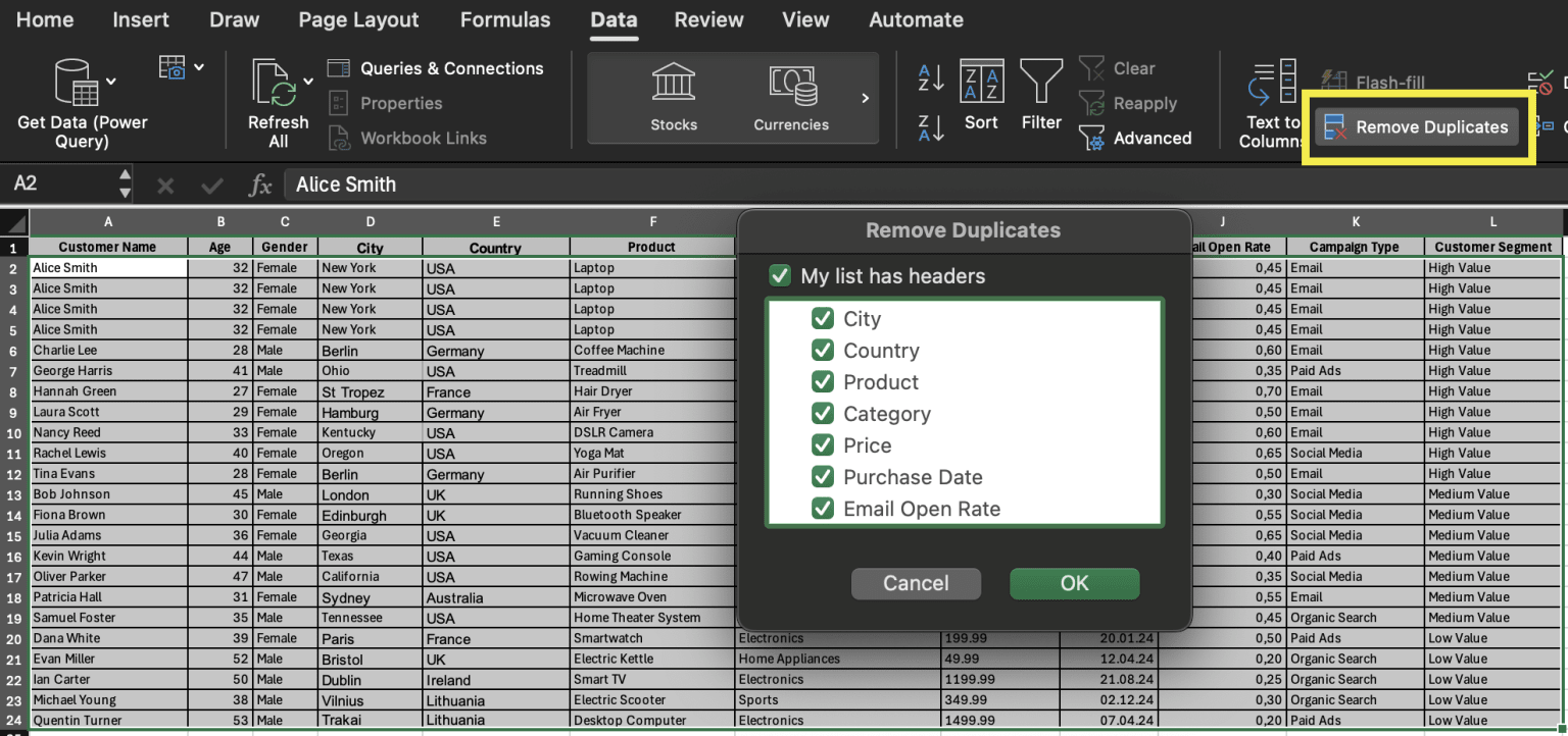 Excel spreadsheet with data