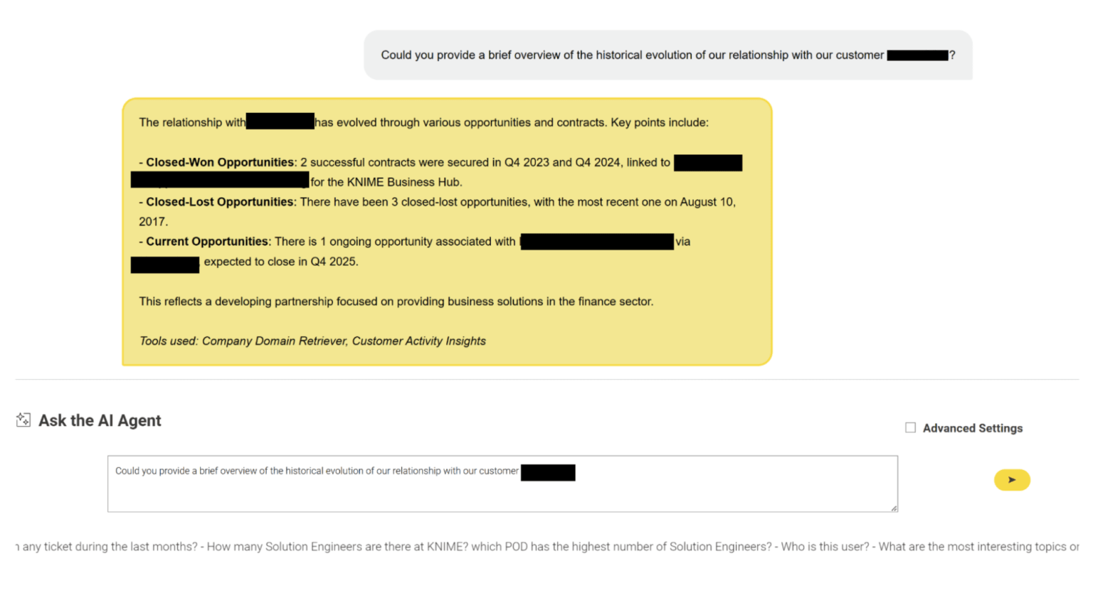 A chat interface where the agent receives a question selects the right tools, and responds with a clear, structured answer