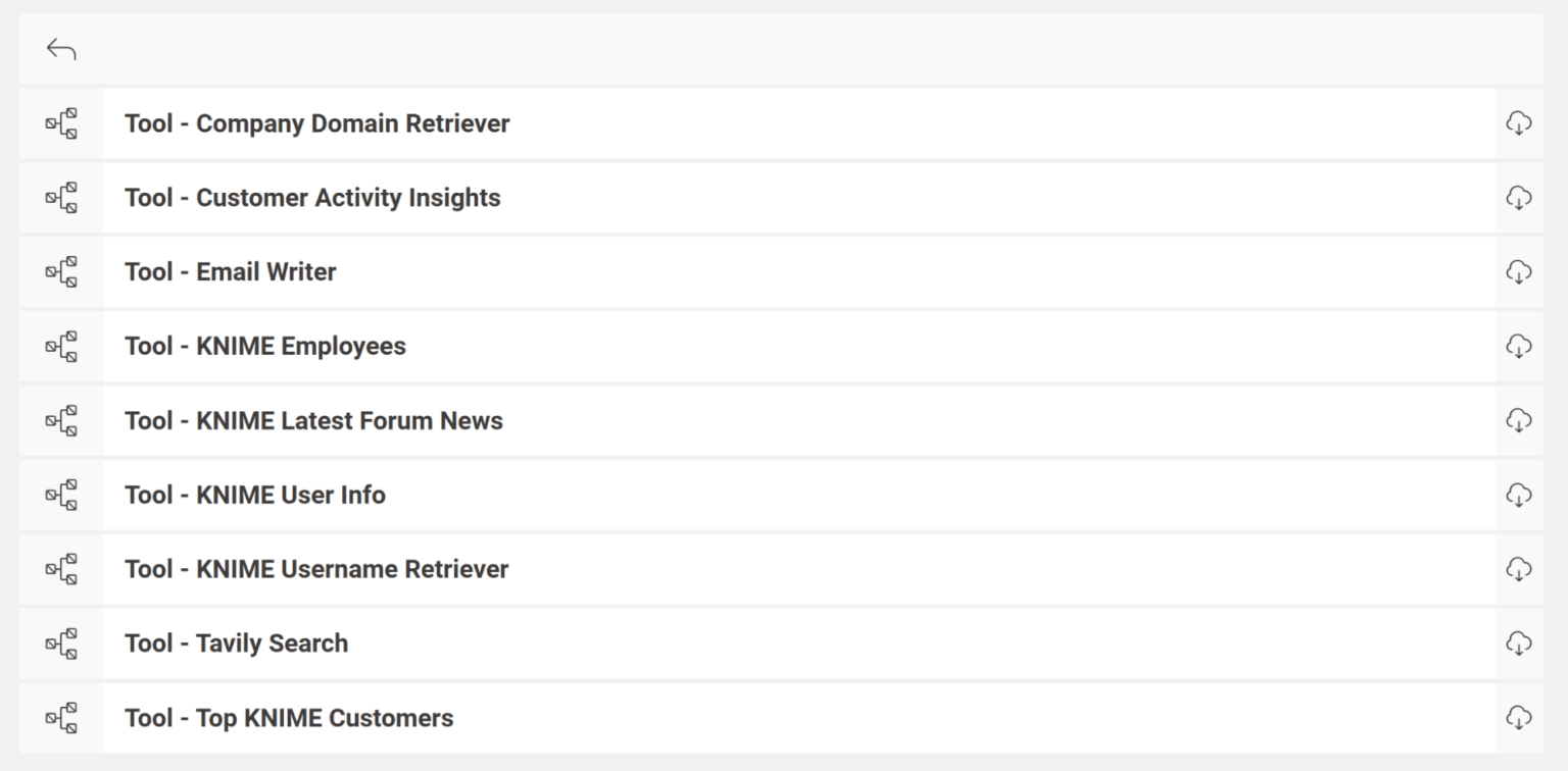 A space on KNIME Hub as a repository of all the tools the agent uses — each one built as a modular, reusable workflow.