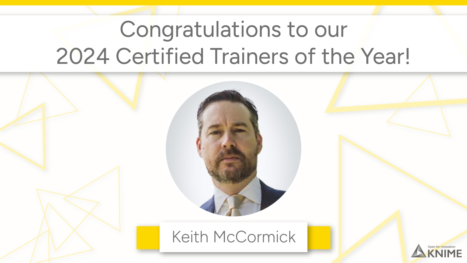 a congratulations certificate for keith mccormick as 2024 knime certified trainer of the year