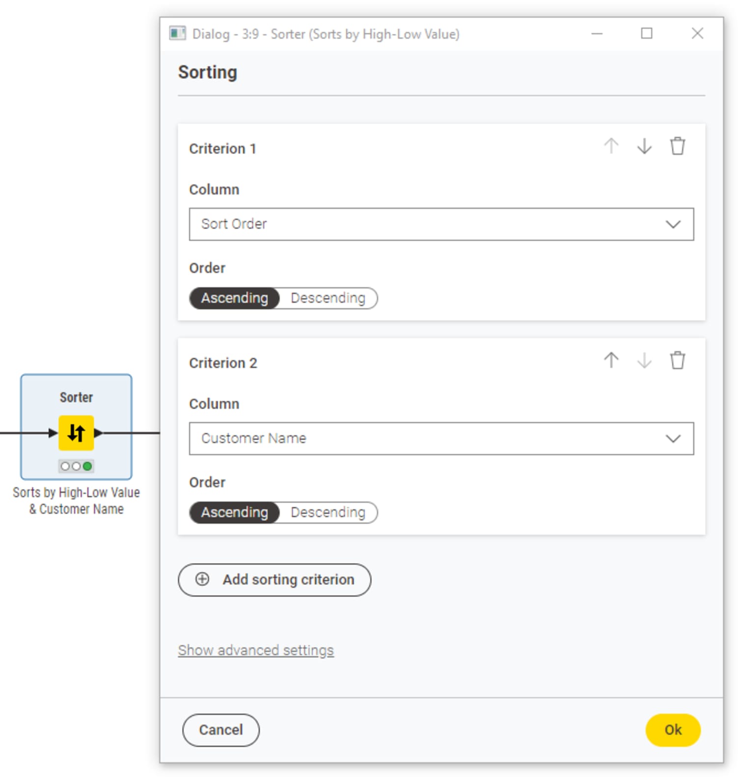 The Sorter node dialog where I’ve defined two sorting operations