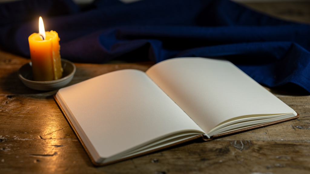 carnet ouvert et bougie, ambiance de lecture contemplative