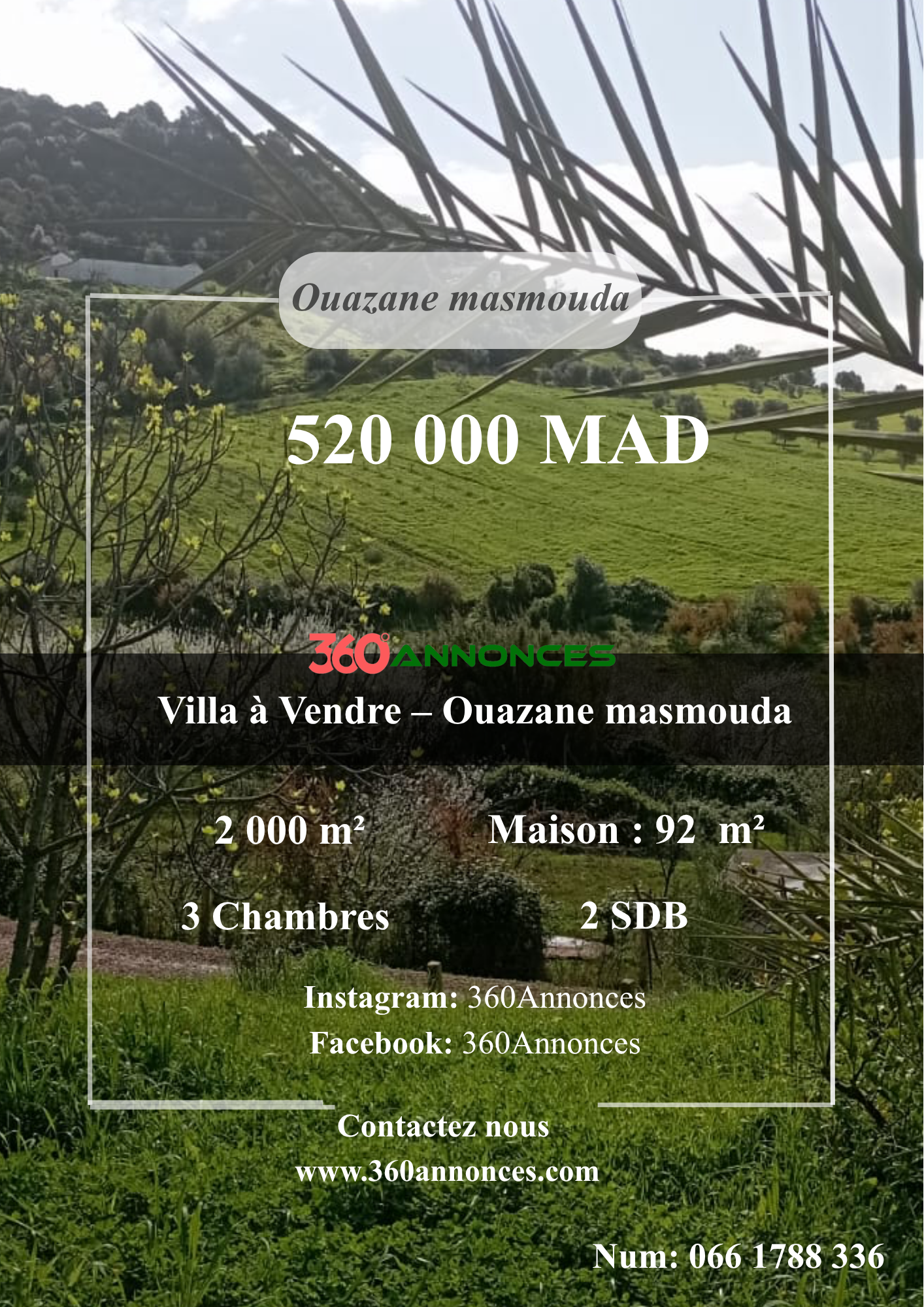 Villa à vendre à Ouazzane – 2 000 m² terrain à 520 000 DH
