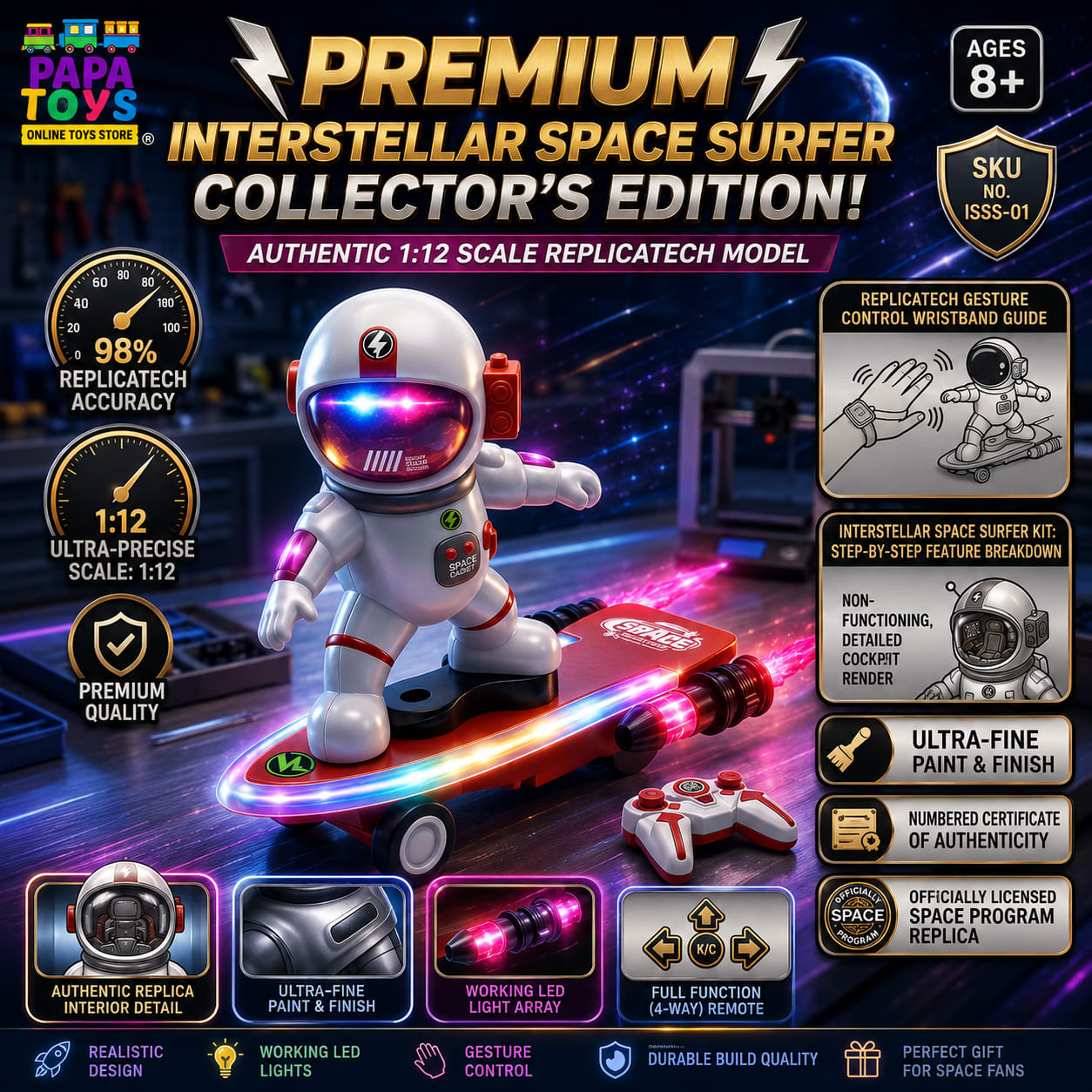 Premium Space Surfer Astronaut Toy with Hover Skateboard, LED Lights & Remote Control | Space Explorer Toy for Kids 8+ alternate view