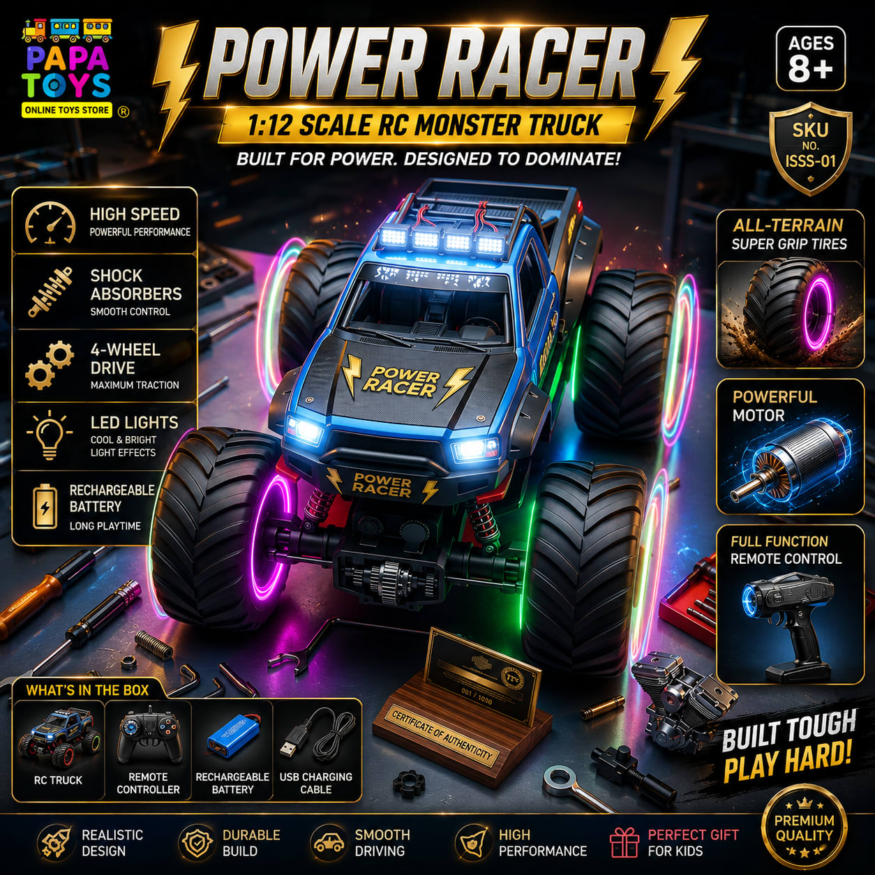 Premium Power Racer 1:18 Scale RC Monster Truck with LED Wheels, Spray Fog & Hand Gesture Control | Rechargeable Off-Road Remote Control Car for Kids 3+