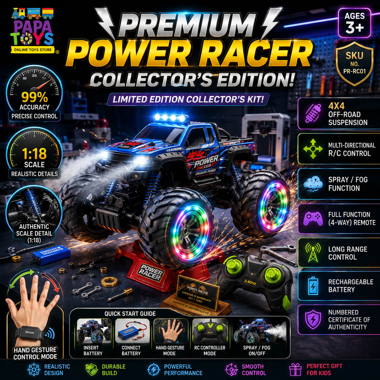 Premium Power Racer 1:18 Scale RC Monster Truck with LED Wheels, Spray Fog & Hand Gesture Control | Rechargeable Off-Road Remote Control Car for Kids 3+ alternate view
