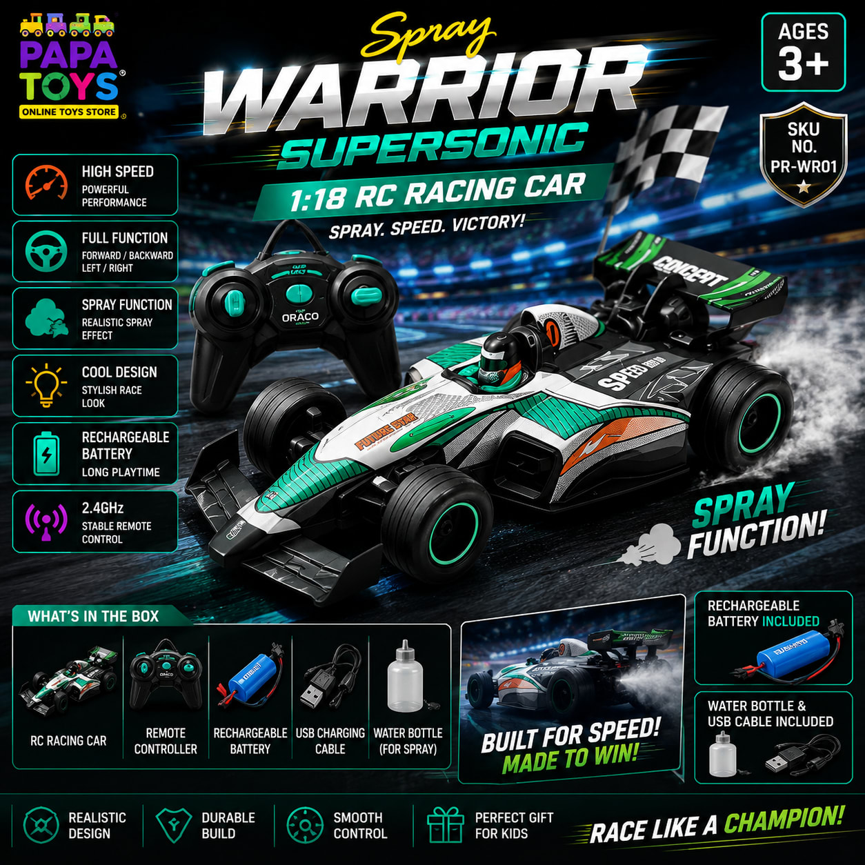 Spray Warrior Supersonic 1:18 RC Racing Car with Spray Mist, Rechargeable Battery & Remote Control | High-Speed Formula Racing Car for Kids 3+