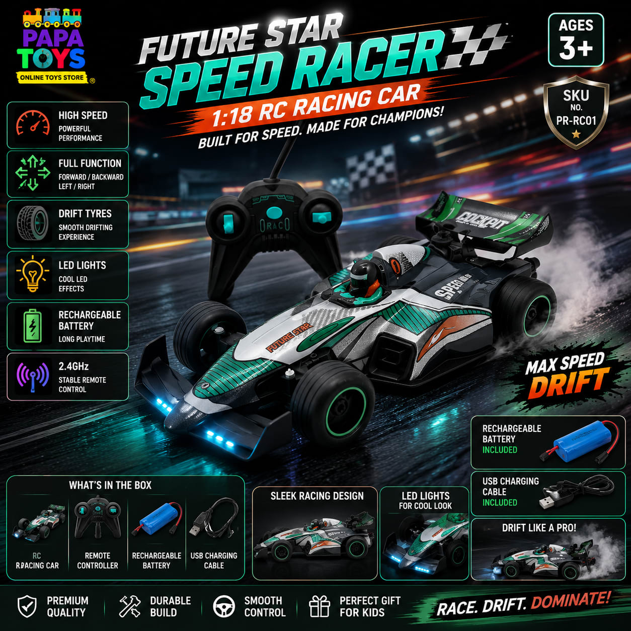 Spray Warrior Supersonic 1:18 RC Racing Car with Spray Mist, Rechargeable Battery & Remote Control | High-Speed Formula Racing Car for Kids 3+ 3