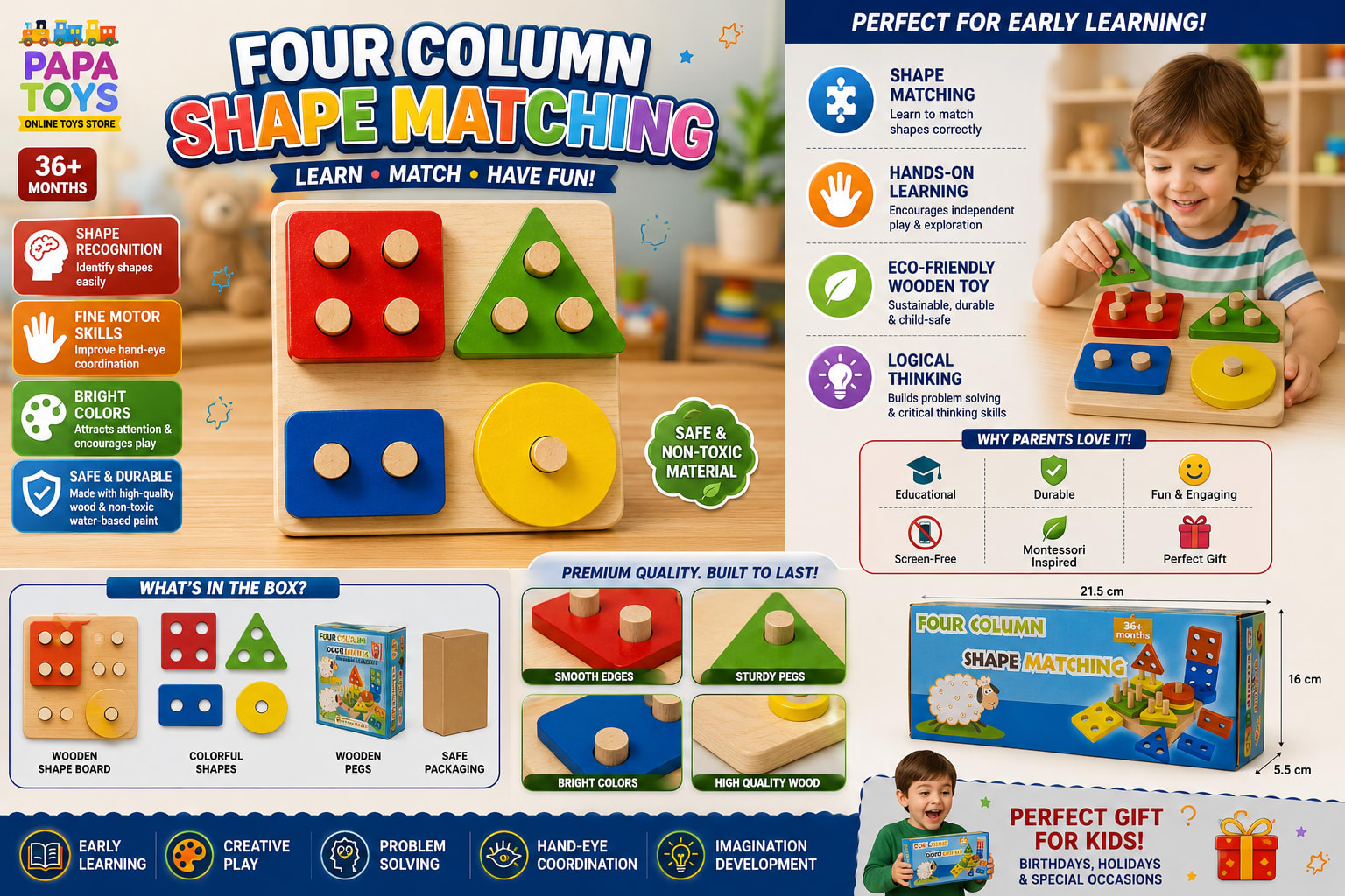 Wooden Four Column Shape Matching Puzzle Board | Montessori Educational Learning Toy for Toddlers 3+