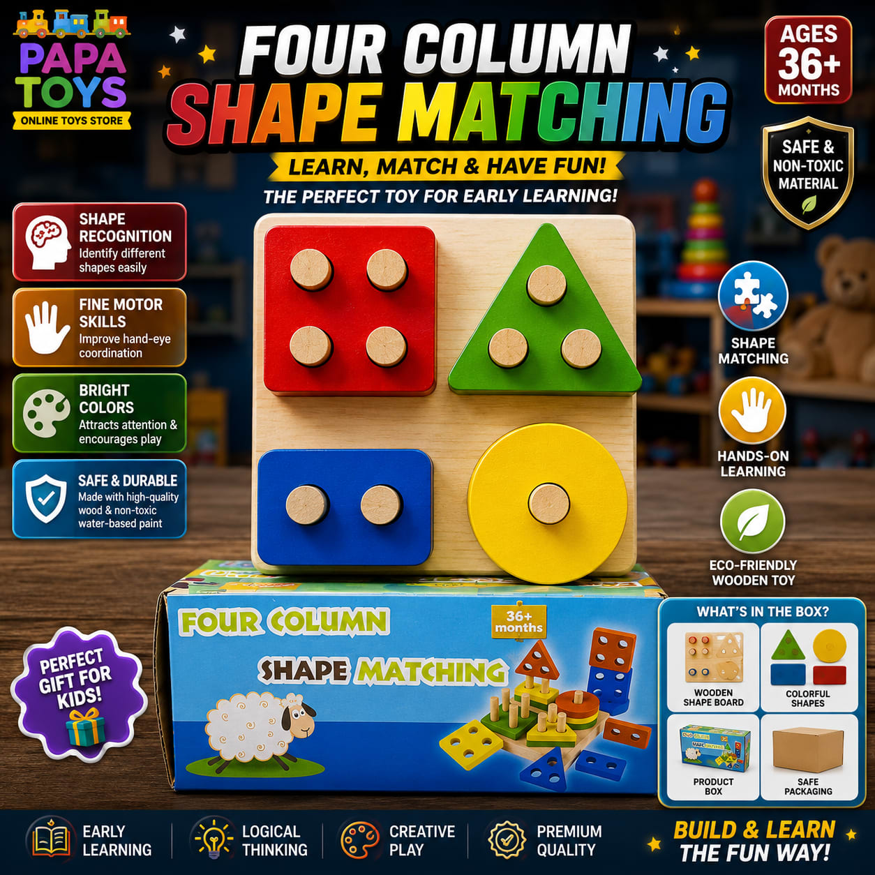 Wooden Four Column Shape Matching Puzzle Board | Montessori Educational Learning Toy for Toddlers 3+ alternate view