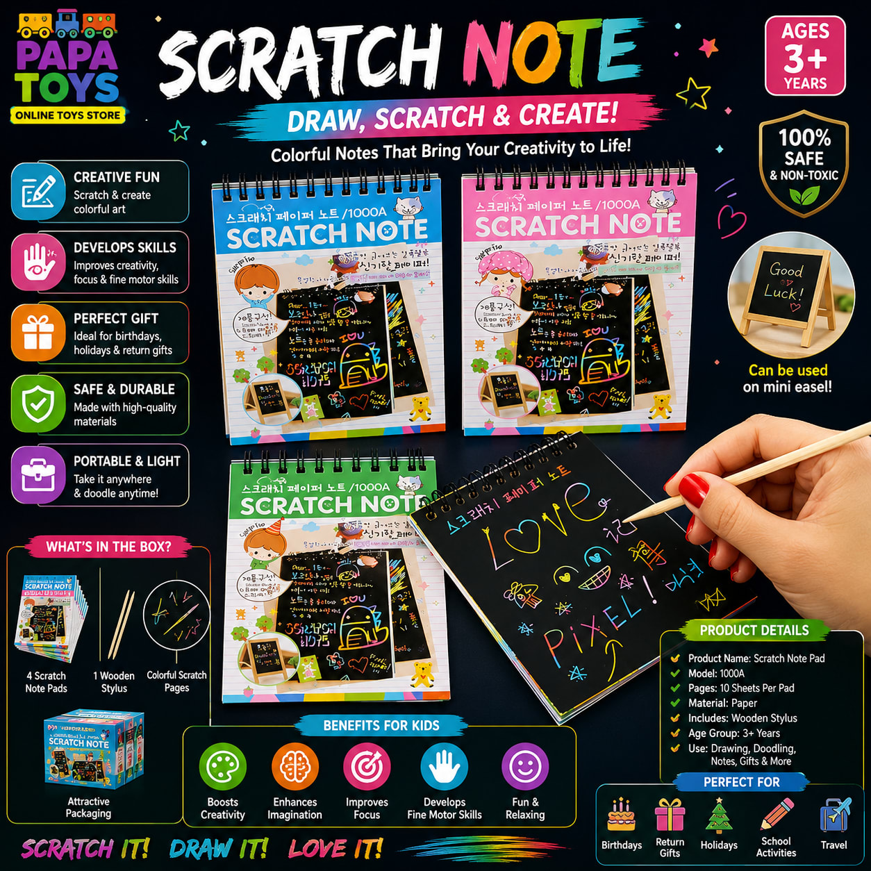 Rainbow Scratch Note Pad for Kids with Wooden Stylus | Magic Scratch Art Drawing Book | Creative DIY Art Notebook (3+ Years)