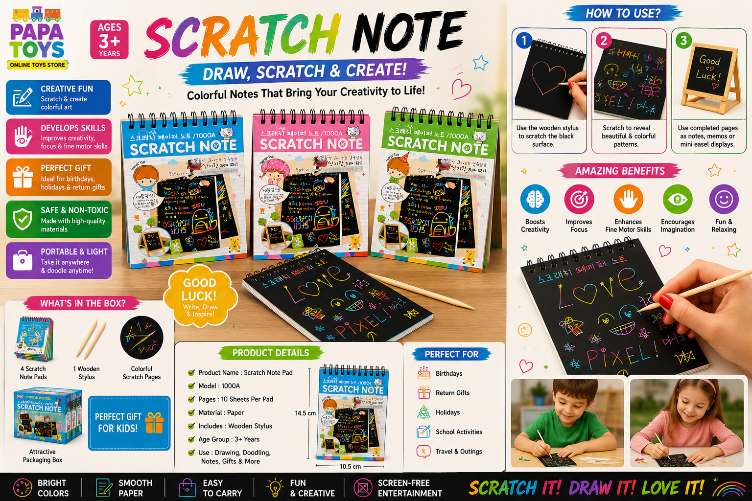 Rainbow Scratch Note Pad for Kids with Wooden Stylus | Magic Scratch Art Drawing Book | Creative DIY Art Notebook (3+ Years) alternate view