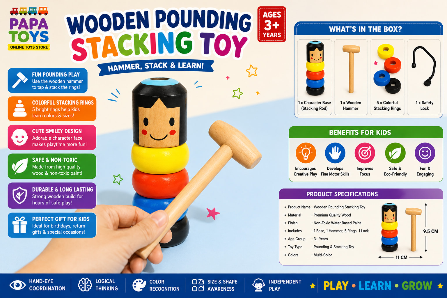 Wooden Pounding Stacking Toy with Hammer – Montessori Educational Learning Toy for Toddlers | Color Matching & Fine Motor Skills | Ages 3+