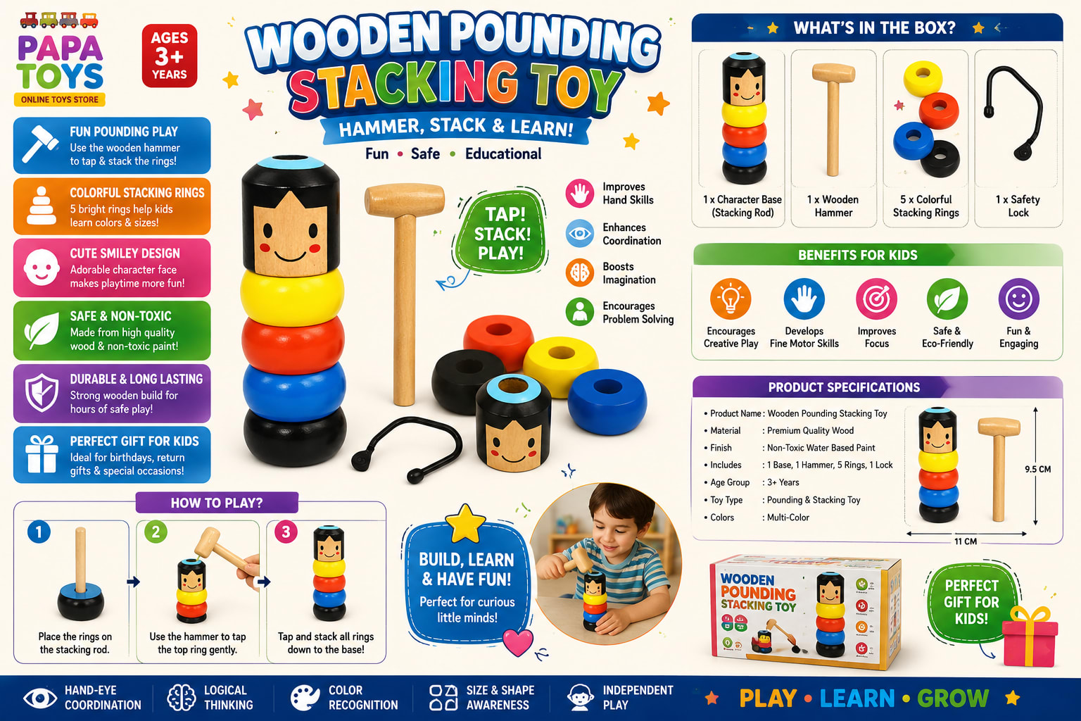 Wooden Pounding Stacking Toy with Hammer – Montessori Educational Learning Toy for Toddlers | Color Matching & Fine Motor Skills | Ages 3+ alternate view