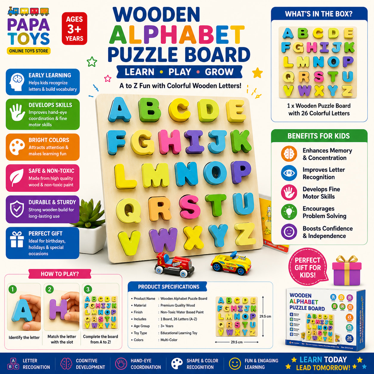 Wooden Alphabet Puzzle Board – A to Z Educational Learning Toy for Kids | Colorful ABC Montessori Puzzle