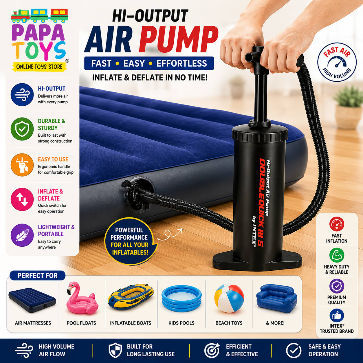 High-Output Double Quick Manual Air Pump for Inflatable Pools, Air Mattresses, Boats & Toys | Portable Hand Pump