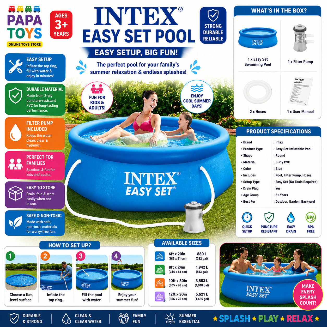 ntex Easy Set Inflatable Swimming Pool with Filter Pump – Family Outdoor Pool