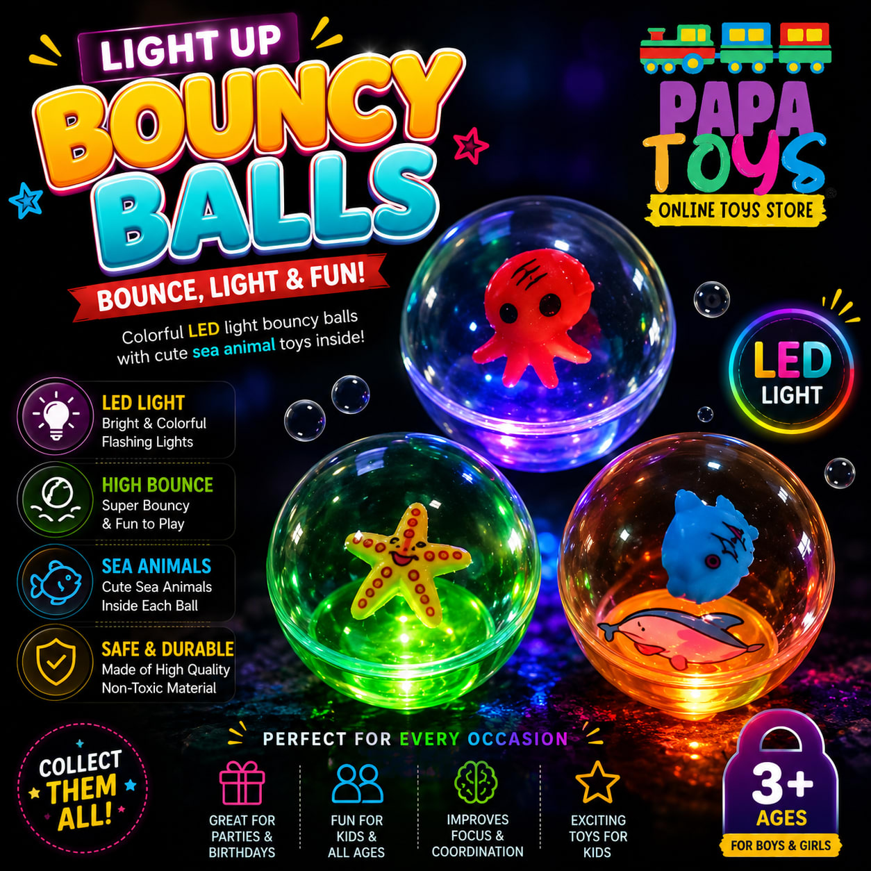 LED Light Up Bouncy Balls with Sea Animal Toys – Flashing Rubber Jumping Balls for Kids | 3+ Ages | Papa Toys