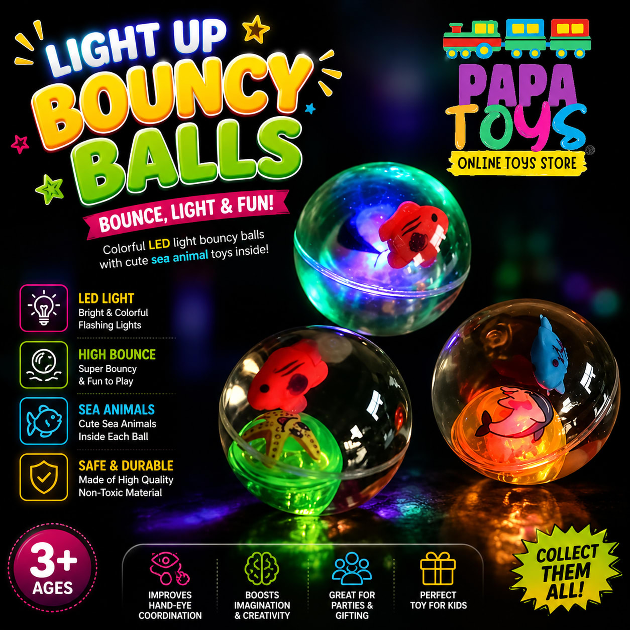 LED Light Up Bouncy Balls with Sea Animal Toys – Flashing Rubber Jumping Balls for Kids | 3+ Ages | Papa Toys alternate view