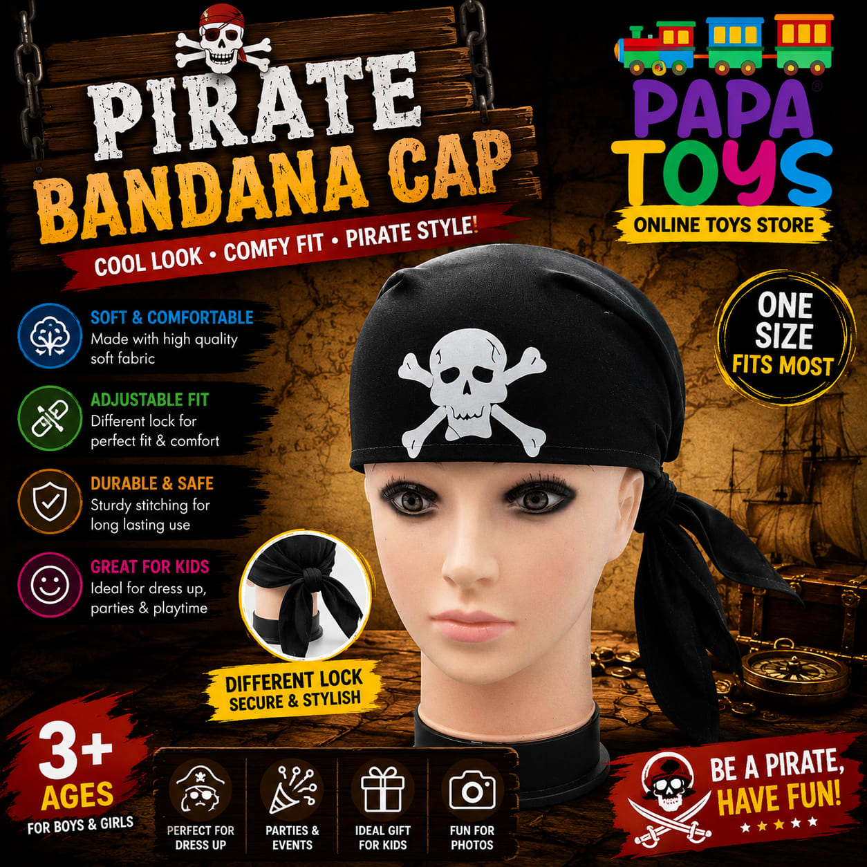 Kids Pirate Bandana Cap with Skull Print – Adjustable Pirate Costume Head Wrap for Boys & Girls | Halloween, Fancy Dress & Cosplay | Papa Toys