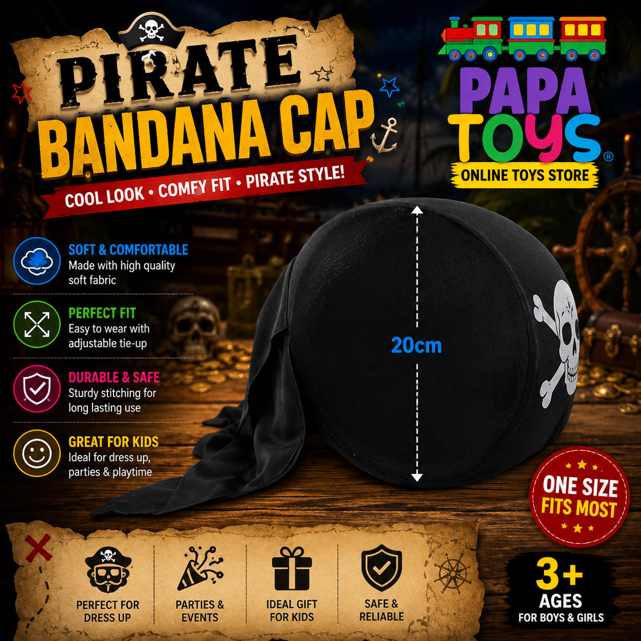 Kids Pirate Bandana Cap with Skull Print – Adjustable Pirate Costume Head Wrap for Boys & Girls | Halloween, Fancy Dress & Cosplay | Papa Toys alternate view