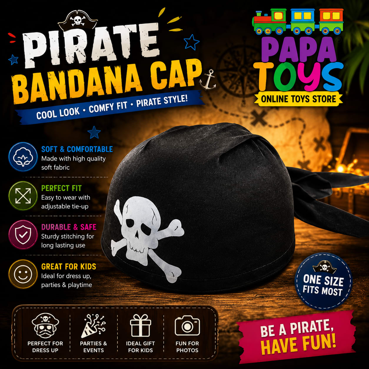 Kids Pirate Bandana Cap with Skull Print – Adjustable Pirate Costume Head Wrap for Boys & Girls | Halloween, Fancy Dress & Cosplay | Papa Toys 3