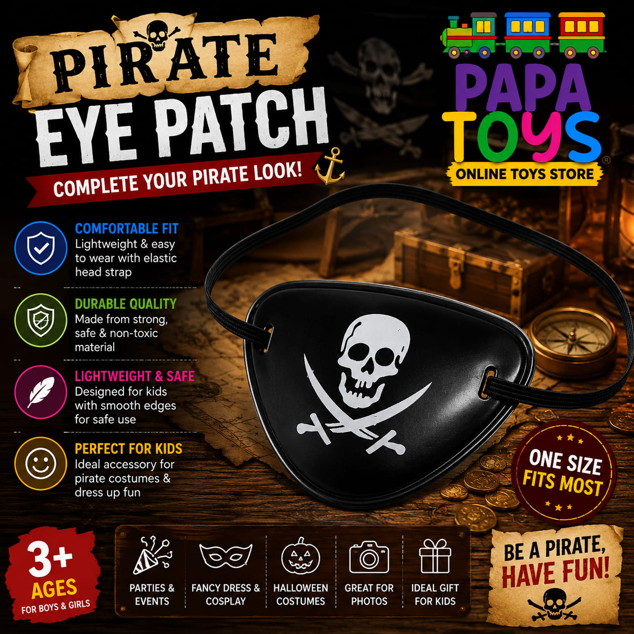 Kids Pirate Eye Patch with Skull & Crossbones – Adjustable Pirate Costume Eye Patch for Halloween, Cosplay & Fancy Dress | Papa Toys