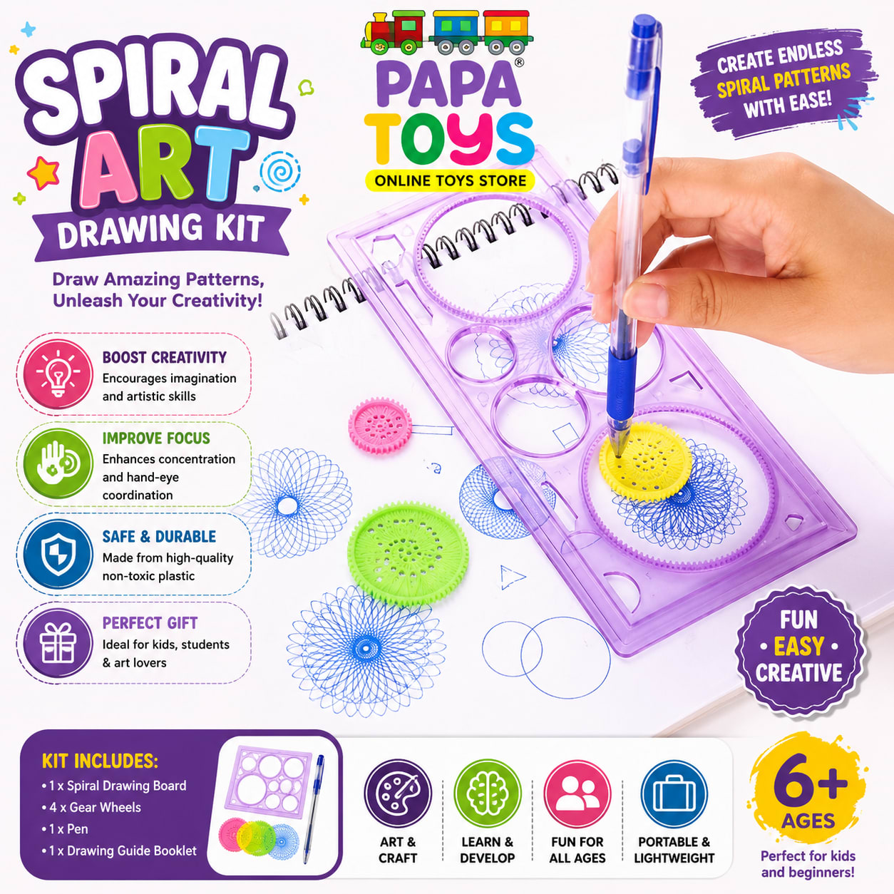 Spiral Art Drawing Kit – Creative Spirograph Geometry Drawing Set for Kids | Educational STEM Art & Craft Toy | Papa Toys