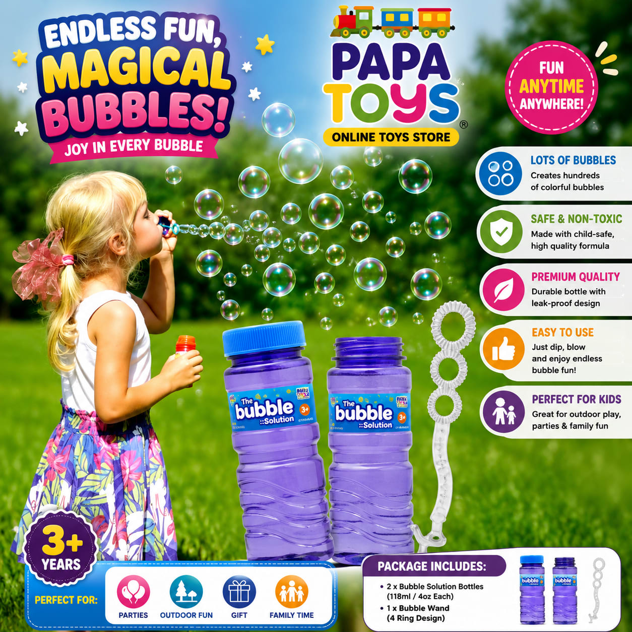 Colorful Bubble Solution Bottles for Kids – Non-Toxic Outdoor Bubble Toy | 12 Bright Colors | Papa Toys