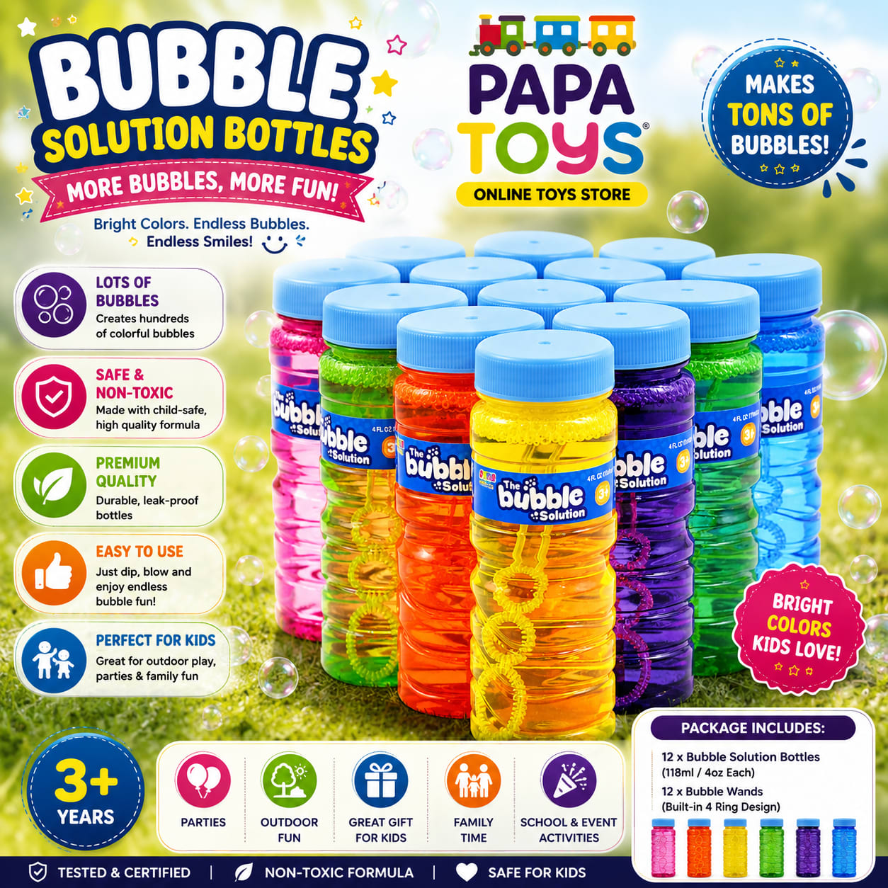 Colorful Bubble Solution Bottles for Kids – Non-Toxic Outdoor Bubble Toy | 12 Bright Colors | Papa Toys alternate view