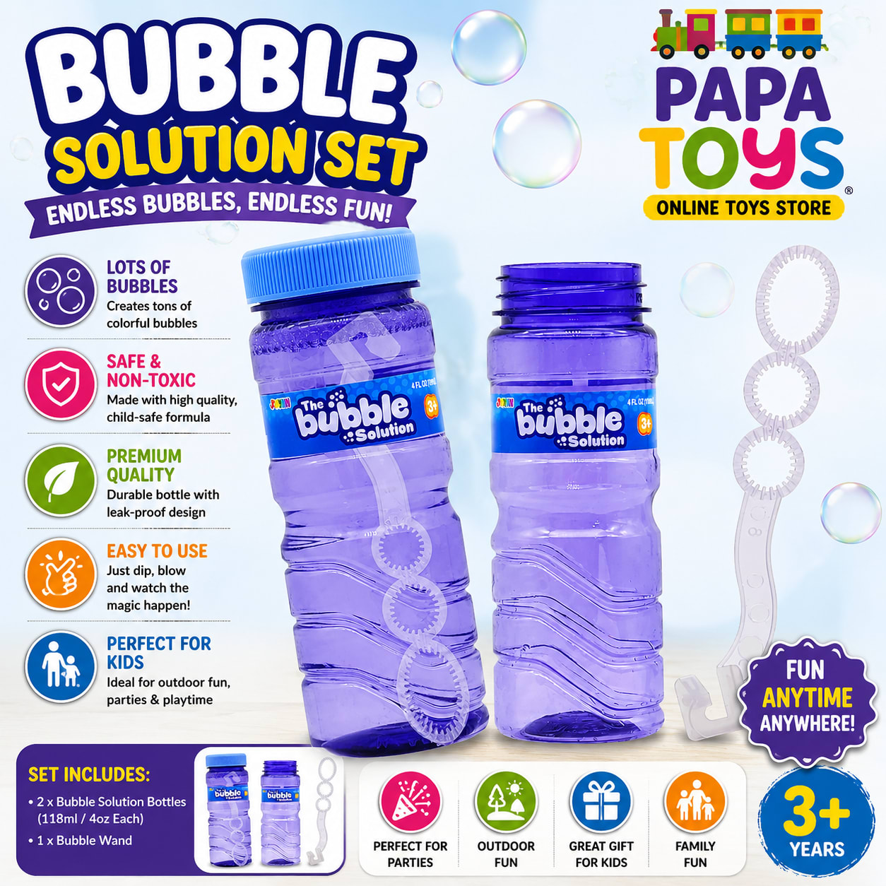 Colorful Bubble Solution Bottles for Kids – Non-Toxic Outdoor Bubble Toy | 12 Bright Colors | Papa Toys 3